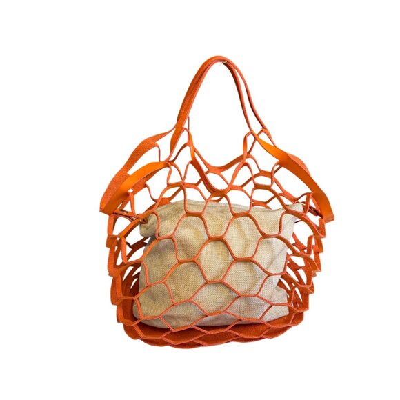 Leather Mesh Beach Picnic Vacation Clutch Handbag Women's Orange Gray Boho - Picture 2 of 11